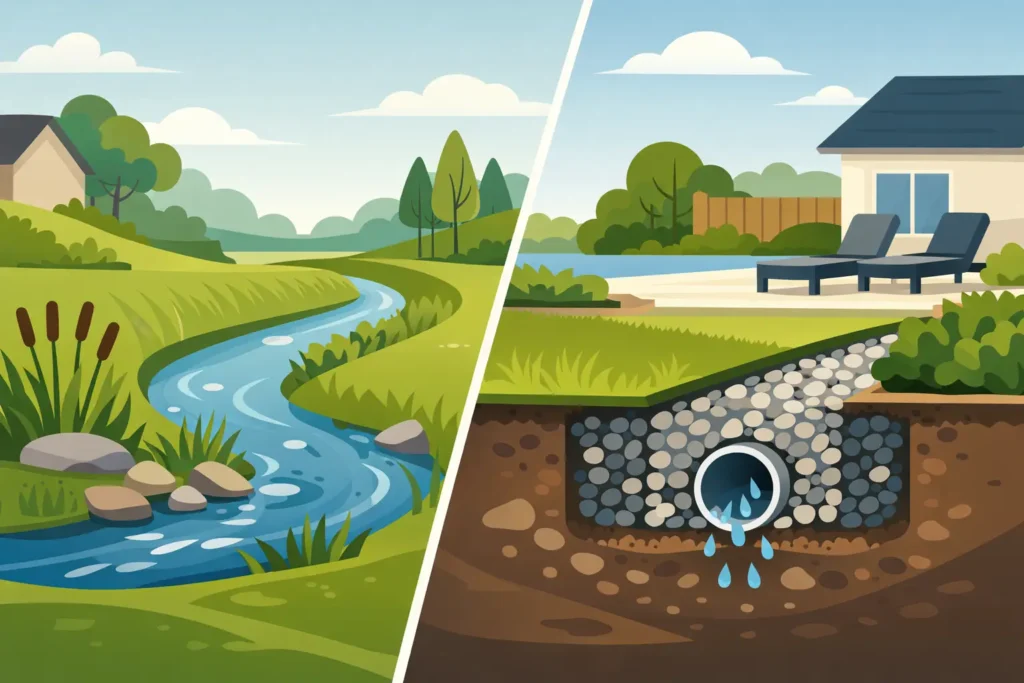 Swale Versus French Drain: Which Fits Your Yard?